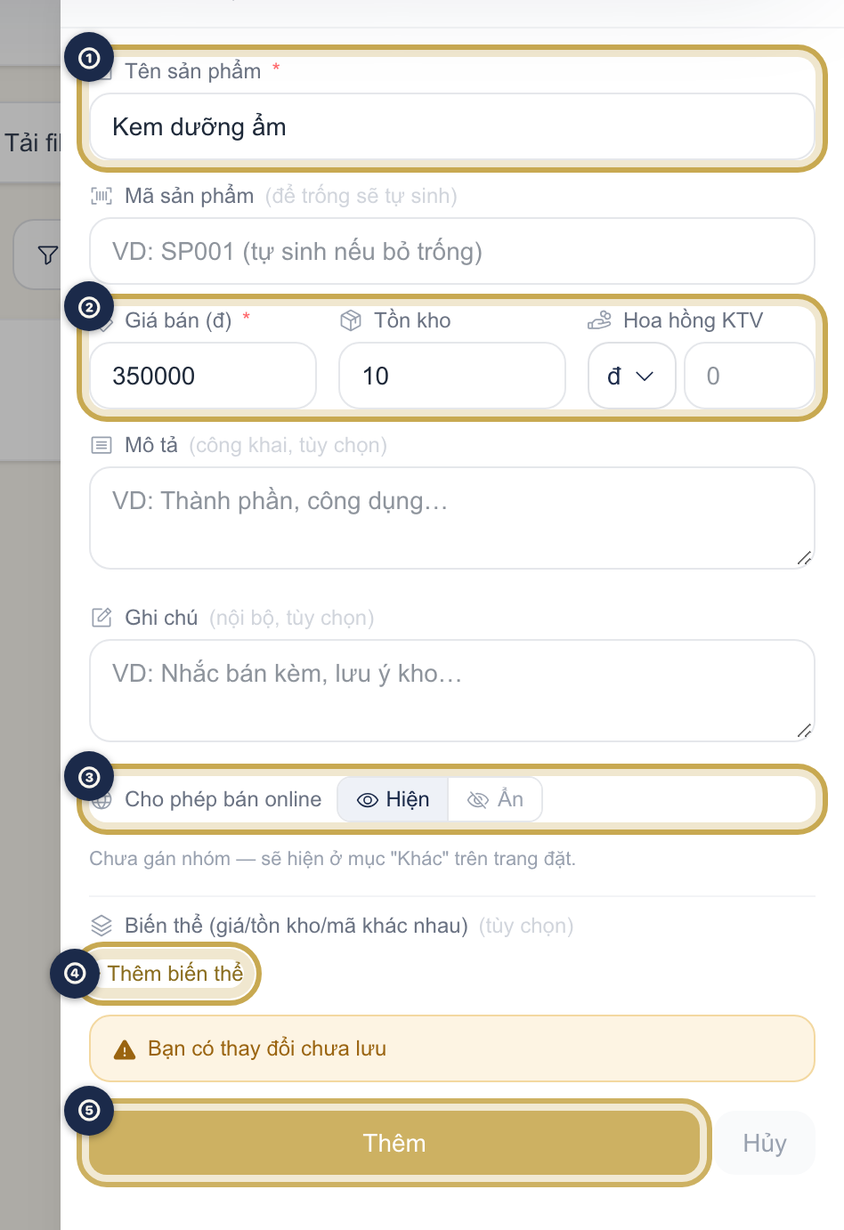 Form Thêm sản phẩm mới với các ô Tên sản phẩm, Giá bán, Tồn kho, Cho phép bán online và liên kết + Thêm biến thể được khoanh vàng