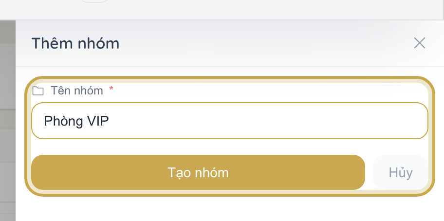 Khối Khu / Phòng đang mở, đang tạo khu mới "Phòng VIP"