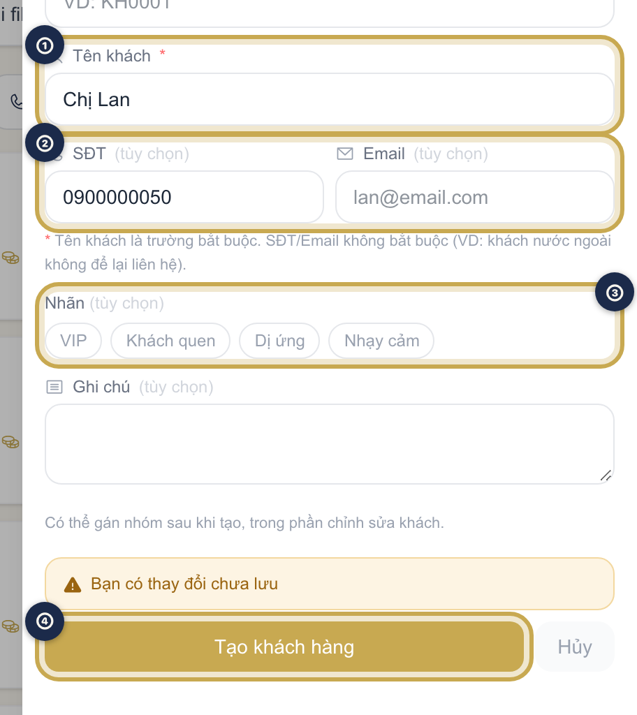 Form Thêm khách hàng với các trường Mã khách, Tên khách, SĐT, Email, Nhãn và Ghi chú