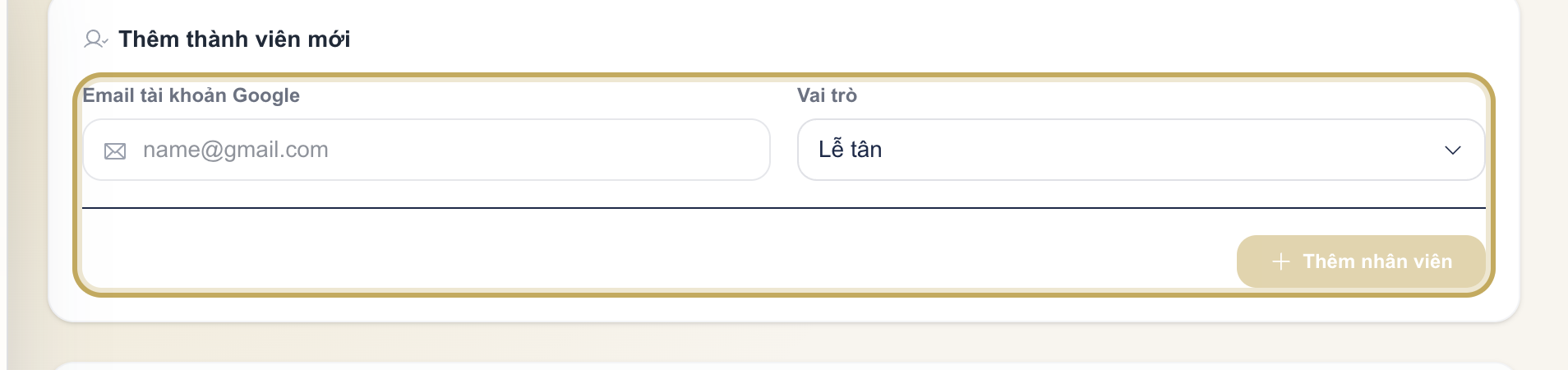 Form Thêm thành viên mới với các trường Email tài khoản Google, Vai trò, nút Thêm nhân viên được khoanh vàng