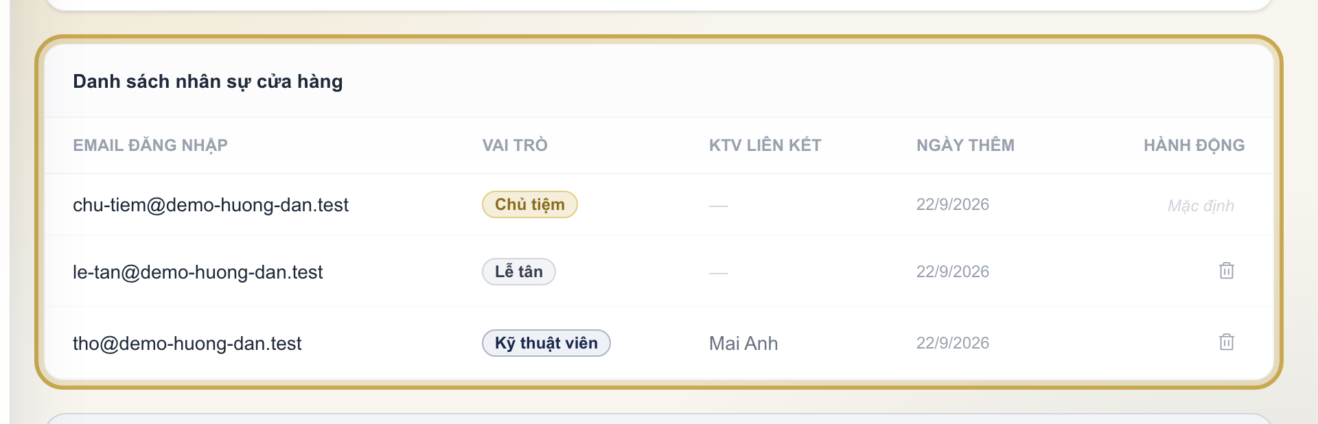 Danh sách nhân sự cửa hàng hiện tên/email, vai trò và KTV liên kết