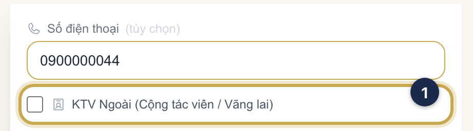Form Thêm KTV trong menu Kỹ Thuật Viên, ô KTV Ngoài (Cộng tác viên / Vãng lai) được khoanh ①