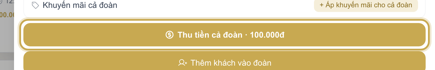 Bảng quản lý đoàn với nút Thu tiền cả đoàn kèm tổng tiền được khoanh vàng