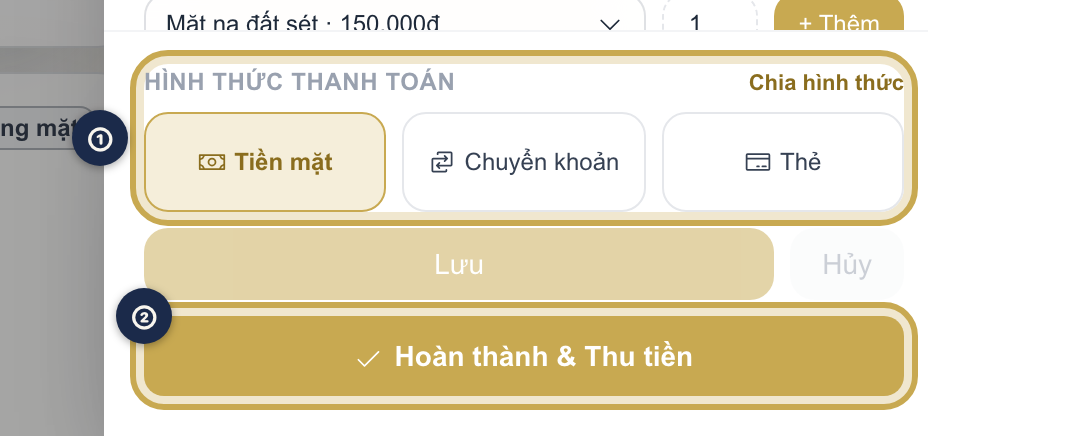Chi tiết lịch hẹn ở trạng thái Chờ thanh toán với các nút chọn hình thức thanh toán và nút Hoàn thành & Thu tiền được khoanh vàng