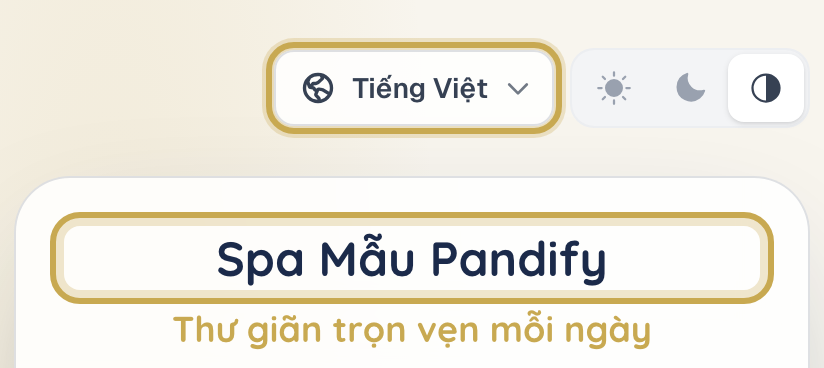 Đầu trang đặt lịch của khách với tên tiệm và nút chọn ngôn ngữ