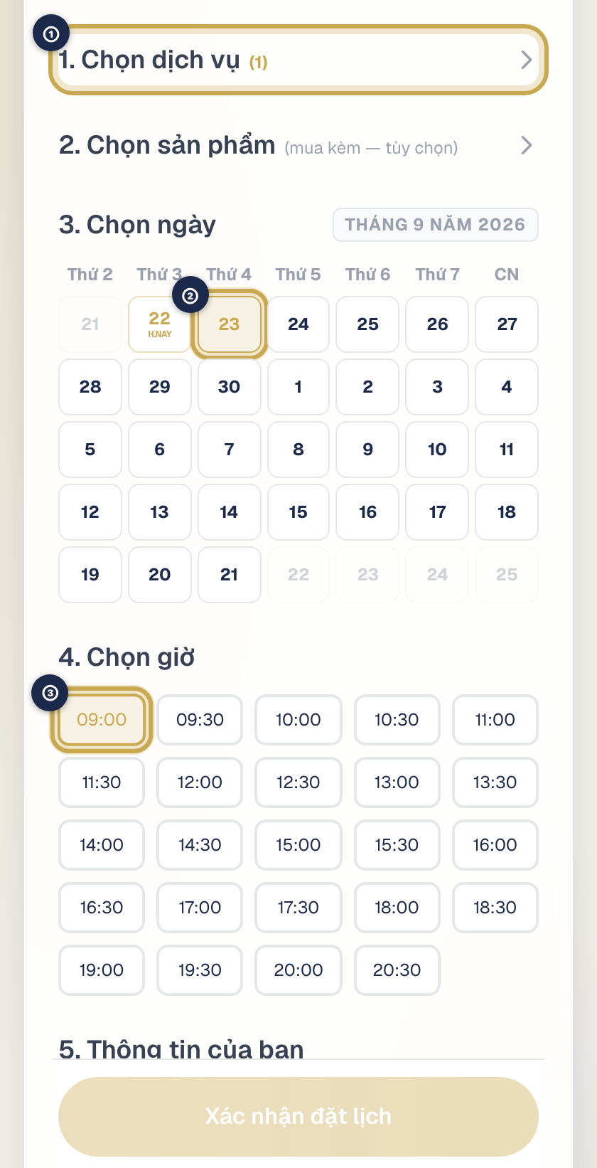 Trang đặt lịch của khách với các bước Chọn dịch vụ, Chọn ngày, Chọn giờ, Thông tin của bạn