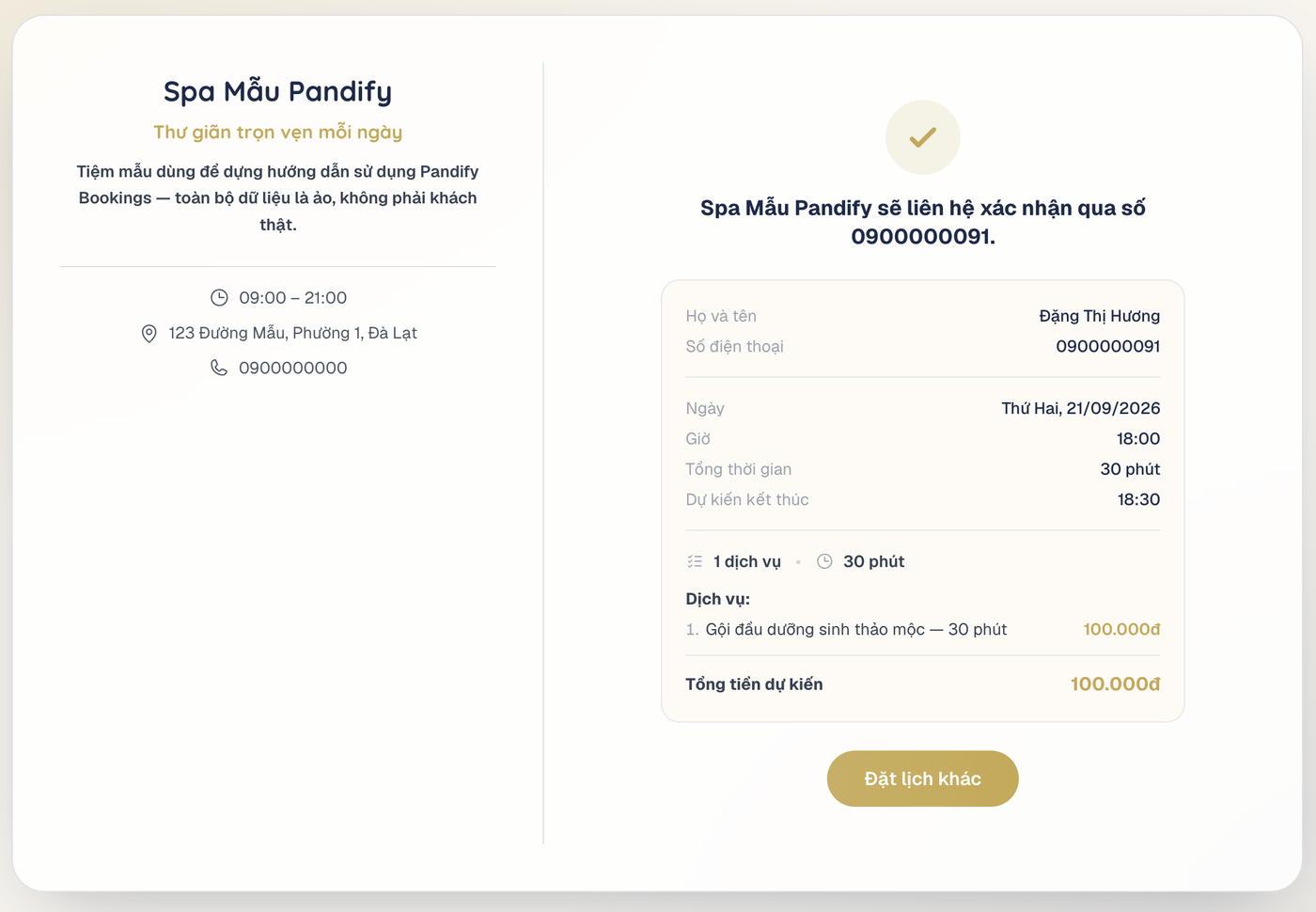 Màn xác nhận sau khi đặt lịch, báo tiệm sẽ liên hệ lại qua số điện thoại hoặc email
