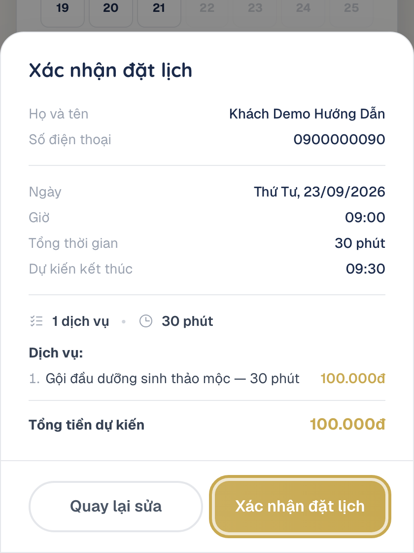 Hộp xem lại Xác nhận đặt lịch với nút Xác nhận đặt lịch được khoanh vàng