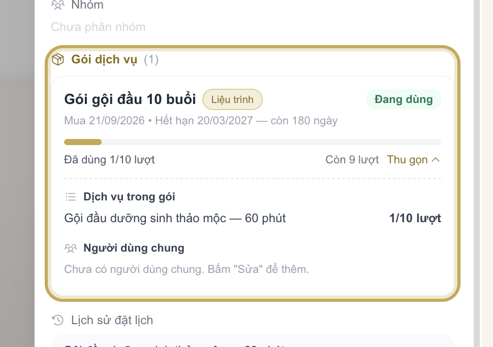 Gói dịch vụ đã bấm Mở rộng, hiện dòng dịch vụ trong gói kèm đúng biến thể đã mua, ví dụ "Gội đầu dưỡng sinh thảo mộc — 60 phút"
