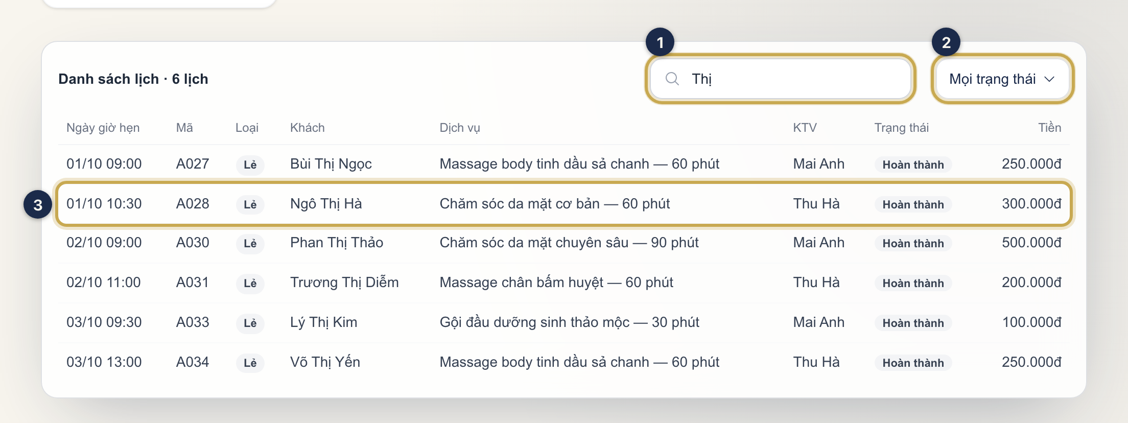 Khối Danh sách lịch trong trang Thống kê: ô tìm kiếm ①, ô lọc trạng thái ②, bấm vào một dòng ③ để mở chi tiết