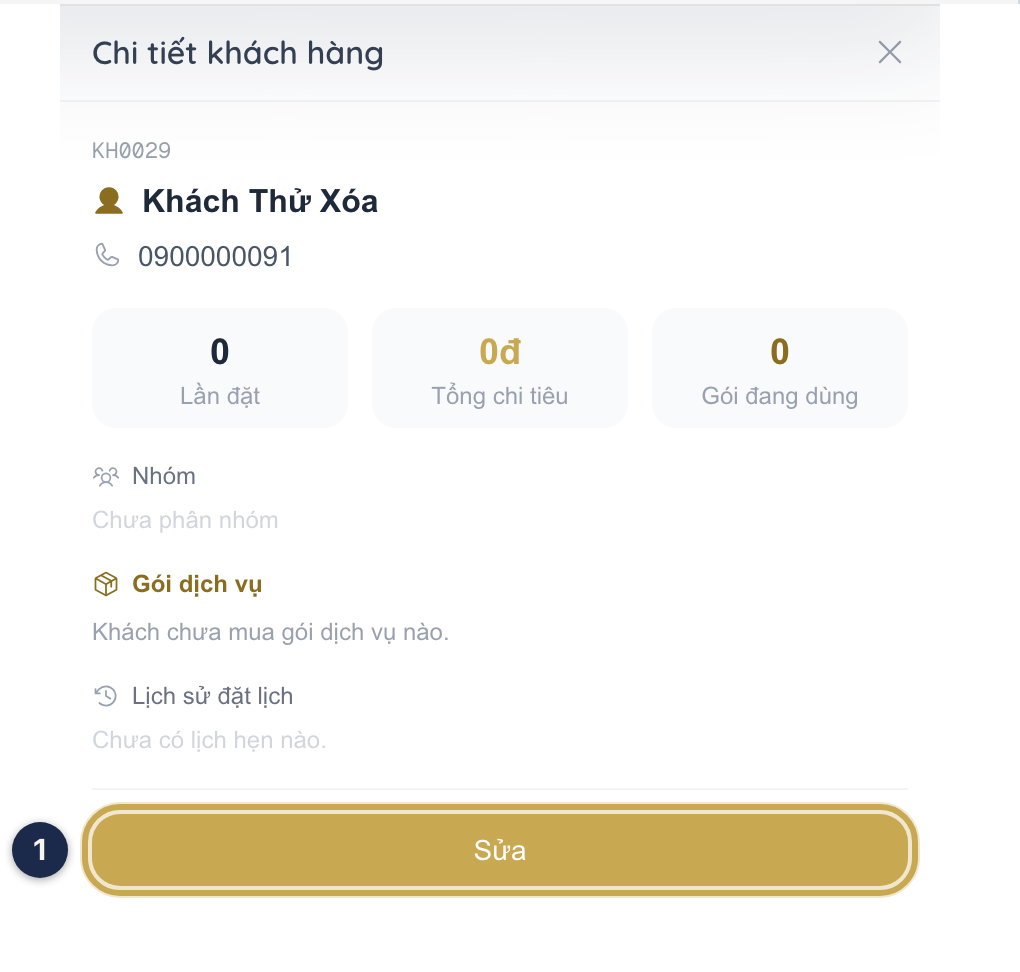 Hộp Chi tiết khách hàng với nút Sửa được khoanh vàng ①