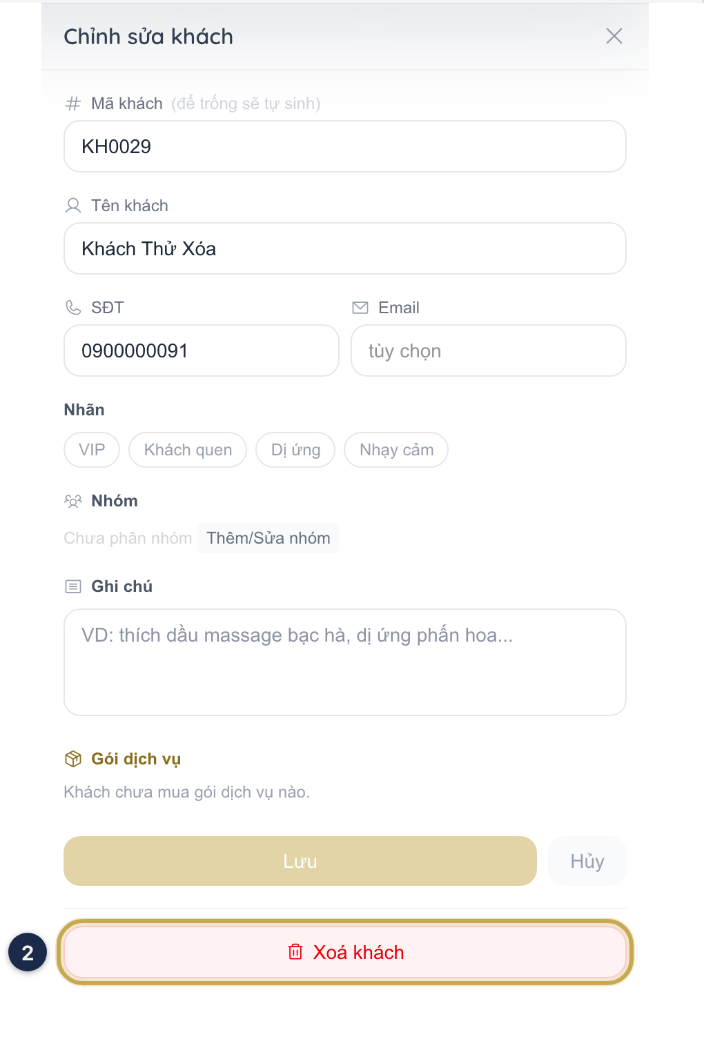 Hộp Chỉnh sửa khách, nút đỏ Xoá khách ở cuối hộp được khoanh vàng ②