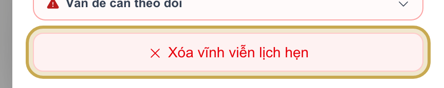 Nút Xóa vĩnh viễn lịch hẹn ở cuối chi tiết lịch, được khoanh vàng