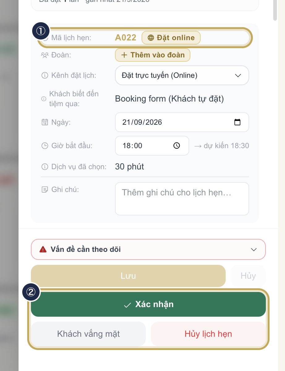 Chi tiết lịch hẹn với nhãn Đặt online cạnh mã lịch, cụm nút Xác nhận / Khách vắng mặt / Hủy lịch hẹn được khoanh vàng
